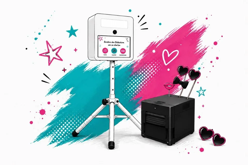 Fotobox mit Drucker und lustigen Foto-Requisiten